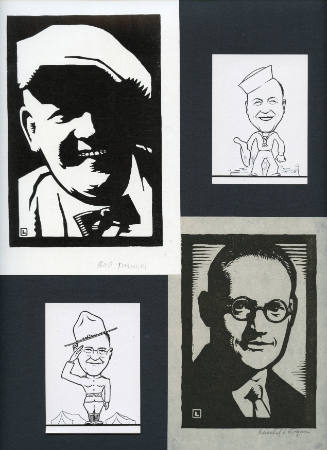 Collaged sheet of prints (Bob Timmon, sailor cartoon, soldier cartoon, and Logan himself (recto) and Admiral Byrd (verso)