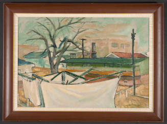 Title unknown (clothesline, tree, and rooftops)