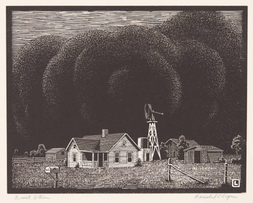 Herschel C. Logan, Dust Storm, 1938, woodcut, 7 x 9 in., Kansas State University, Marianna Kist…