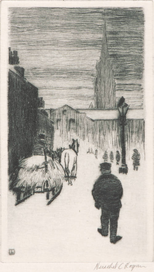 Title unknown (winter street scene with hay sled)