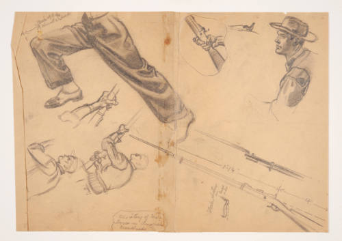 David Hicks Overmyer, Studies for Battle of Mine Creek, ca. 1953, graphite, 11 x 15 5/8 in., Ka…