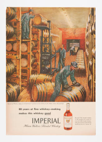 Advertisement for Imperial Whiskey featuring Howard Baer's Barrels of Whiskey Aging in the Rackhouse