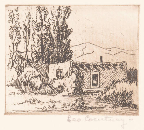 Christmas card (adobe house with trees and mountain)