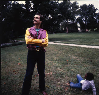 Jim Sajovic (painting professor, Kansas City Art Institute) and a kid, on KCAI campus, December 1, 1982