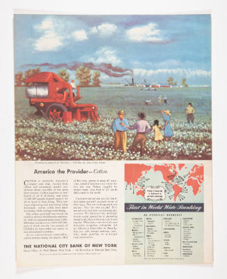 Advertisement for The National City Bank of New York featuring John de Martelly's The Day the New Picker Came