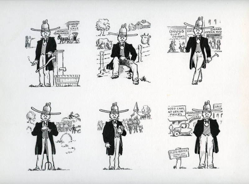 Six The Colonel cartoons (water pump, with cows, drugs soft drinks, with pitchfork, outside church, Pluto Water... makes you feel young)