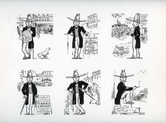 Six The Colonel cartoons (Box Supper Tonight, Buffalo Bill's Wild West Show, puppies playing, "The Birth of a Nation," Post No Bills, Arbuckle's Coffee)