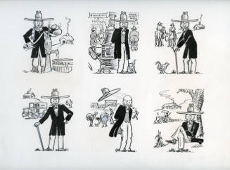 Six The Colonel cartoons (frozen water pump, Valentines, 2 cowboys, U.S. Mail, wind, umbrella tractor)