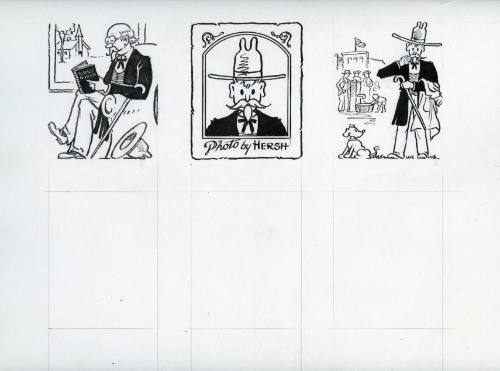 Six The Colonel cartoons (reading, Photo by Hersch, coat over arm, three blanks)