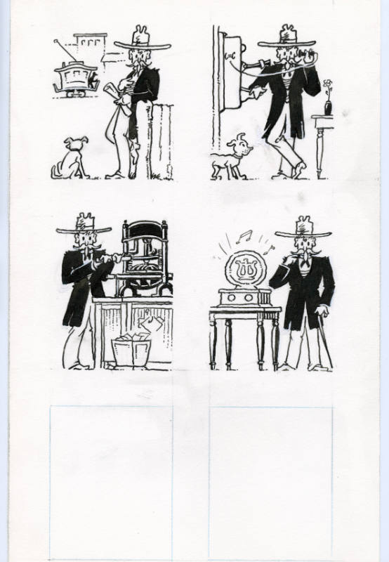 Six The Colonel cartoons (cabuse, telephone, printing press, radio, two blank)