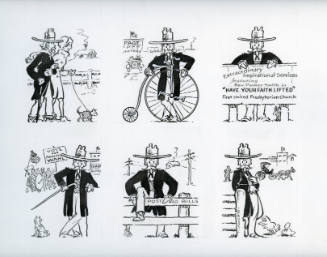 Six The Colonel cartoons (The Colonel and Mrs. Colonel, bicycle, Extraordinary Inspirational Services, Vote for Attorney Wall, Post No Bills fence, carriage and chickens)