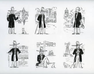 Six The Colonel cartoons (bank, Come to Church, Confederate monument, Crawford Lumber Co., Gourley Ford, windmill)