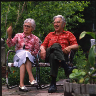 Blanche (artist) and Cecil Carstenson (sculptor), outside their home, West 38th Street, Kansas City, Missouri, May 30, 1982