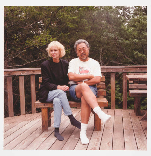 Janet Hues (artist) and Roger Shimomura (painting professor, University of Kansas), backyard, Kren home, Tatarrax Drive, Manhattan, Kansas, September 14, 1997