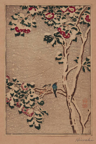 Title unknown (flowering tree covered in snow)