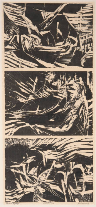 John Hannah, Vertical Triptych, 1963, woodcut, 35 x 15 3/4 in., Kansas State University, Marian…