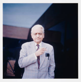 Howard Wooden (director, Wichita Art Museum), outside the museum, Wichita, Kansas, September 4, 1982