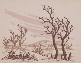 Untitled (landscape with hills and barren trees)