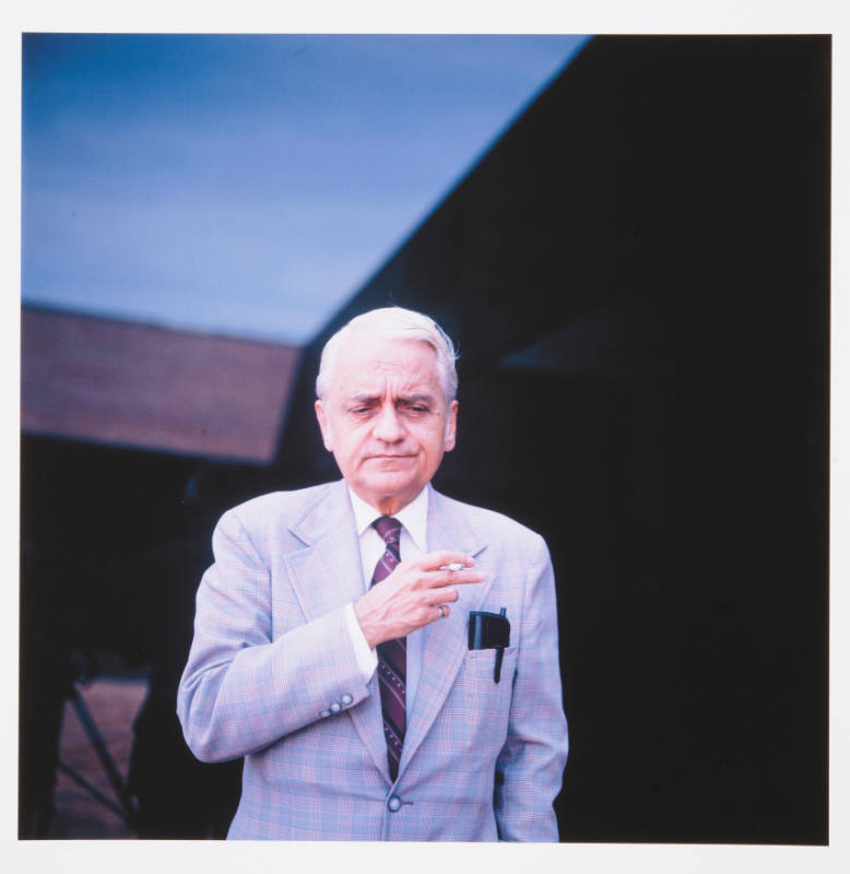 Howard Wooden (director, Wichita Art Museum), outside the museum, Wichita, Kansas, September 4, 1982