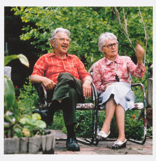 Blanche (artist) and Cecil Carstenson (sculptor), outside their home, West 38th Street, Kansas City, Missouri, May 30, 1982