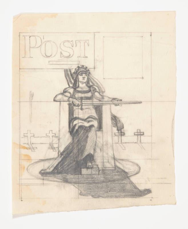 David Hicks Overmyer, Post cover design with a seated woman holding a sword (Lady Liberty?), mi…