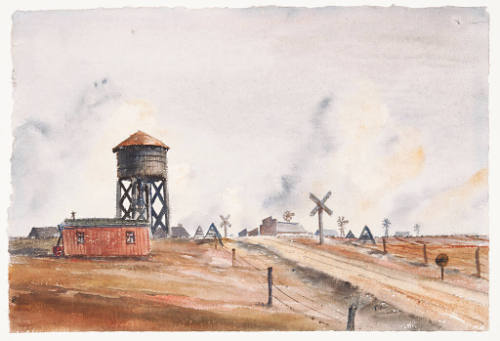 Robert Ivan Lockard, Watertower, mid 20th century, watercolor, 13 5/8 x 20 3/8 in., Kansas Stat…