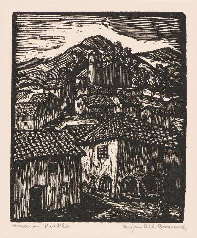 Sue Jean Covacevich, Mexican Pueblo, ca. 1940, woodcut, 4 7/8 x 4 in., Kansas State University,…