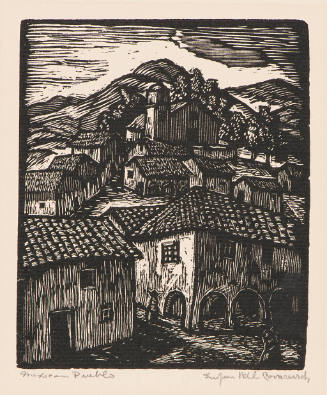 Sue Jean Covacevich, Mexican Pueblo, ca. 1940, woodcut, 4 7/8 x 4 in., Kansas State University,…