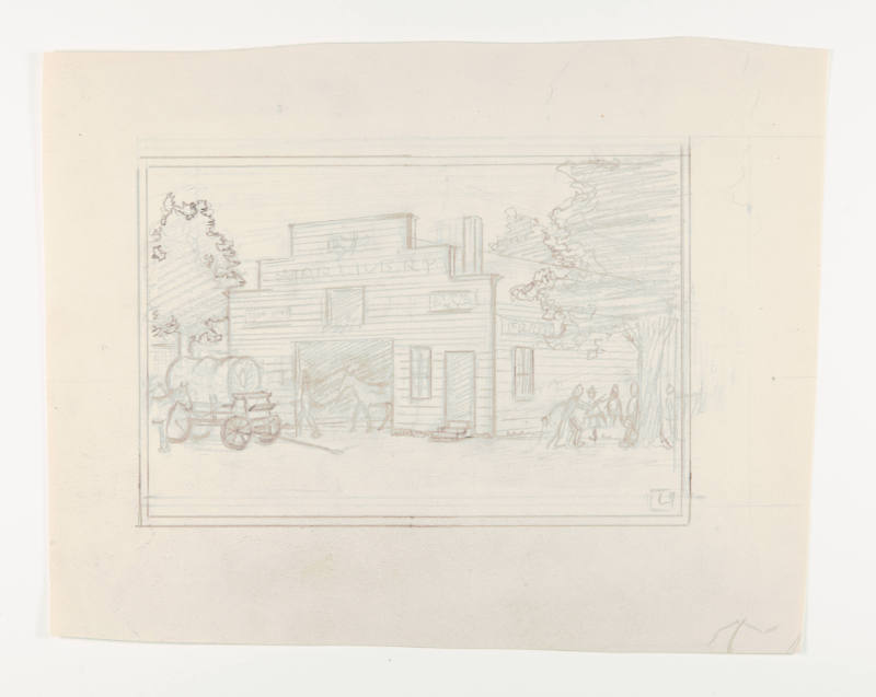 Herschel C. Logan, Study for Livery Stable, 1925, graphite, 6 3/4 x 8 3/8 in., Kansas State Uni…