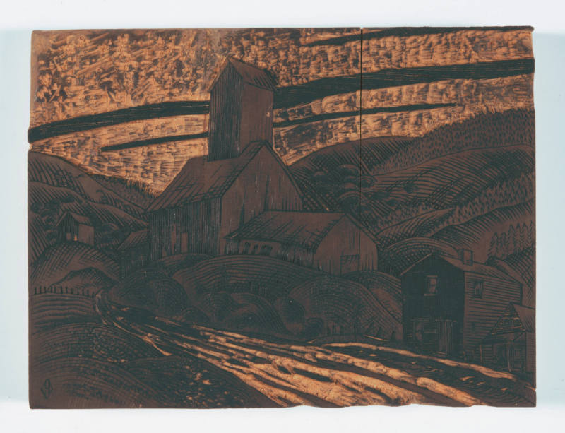 John Frederick Helm, Jr., Mine Tipples, ca. 1950, wood engraving block, 3/4 x 8 1/16 x 6 1/16 i…