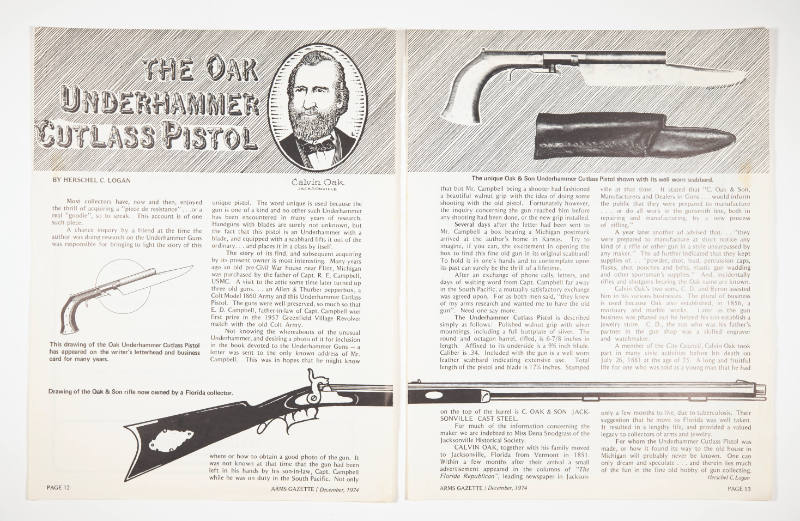 Excerpt of "The Oak Underhammer Cutlass Pistol" from the Arms Gazette, December, 1974