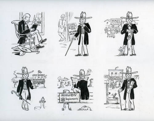 Six The Colonel cartoons (rocking chair, Wilson Dairy, Hall Furniture Mortuary, Dry Goods Andersons, Rhudy Implements, Sentinel Republican)