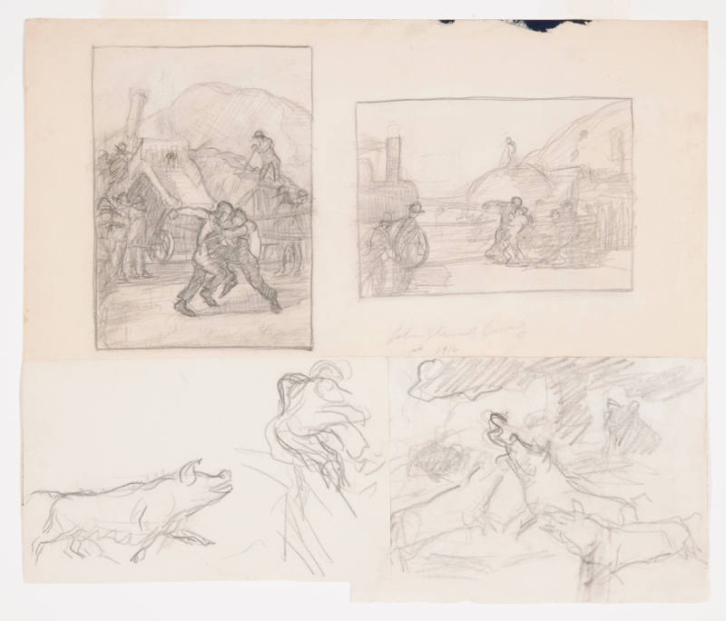 Titles unknown (two sketches of farmhands fighting and two studies for Hogs Killing a Rattlesnake)