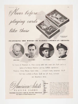 Advertisement for American Artists Playing cards featuring Dale Nichols' The Three Hunters and The Cows Come Home