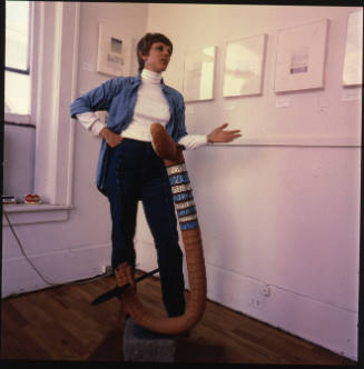 Judi Kellas (artist and owner, Kellas Gallery), in the gallery, 7 East 7th Street, Lawrence, Kansas, January 1, 1982
