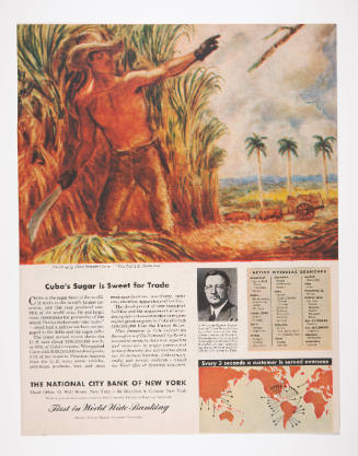 Advertisement for The National City Bank of New York featuring John Steuart Curry's The Zafra at Matanzas