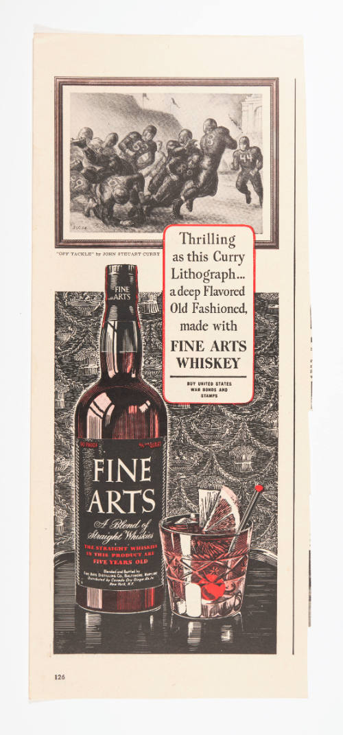 Advertisement for Fine Arts Whiskey featuring John Steuart Curry's Off Tackle