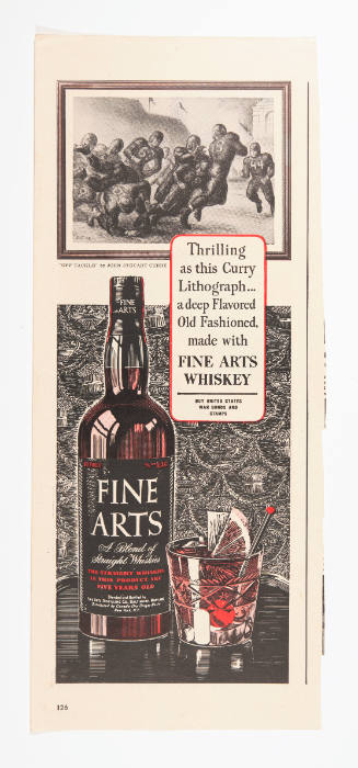 Advertisement for Fine Arts Whiskey featuring John Steuart Curry's Off Tackle