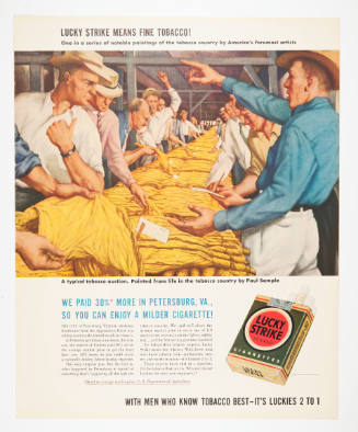 Advertisement for Lucky Strike featuring Paul Sample's A Typical Tobacco Auction