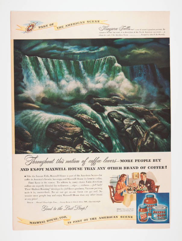 Advertisement for Maxwell House featuring John deMartelly's Niagara Falls (recto) and advertistment for Lucky Strike featuring James Chapin's Boy, That's Tobacco (verso)