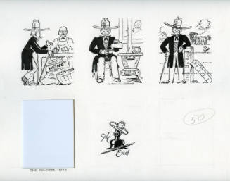 Six The Colonel cartoons (IGA Grocery, potbelly stove, barbwaire, [cutout], The End, blank)