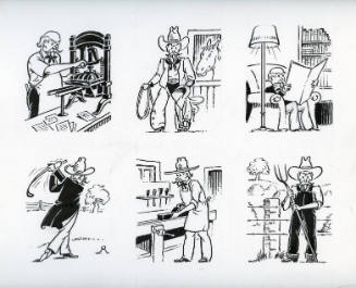 Six The Colonel cartoons (printing, cowboy Colonel, armchair, golfing, woodworking, farmer Colonel)