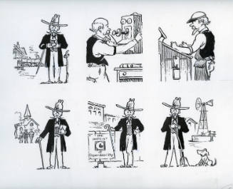 Six The Colonel cartoons (train, telephone, viser, outside church, The Imprint of Durability, windmill and pitchfork)