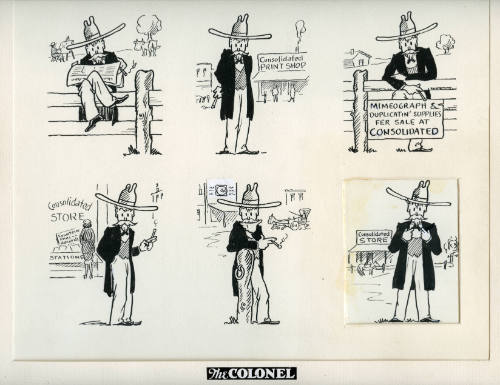 Six The Colonel cartoons (Colonel reading with woman, Consolidated Print Shop, Mimeographs & Duplicatin' Supplies fer Sale at Consolidated, Consolidated Salina, hitching post, Consolidated store)