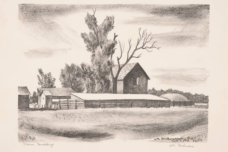 William Judson Dickerson, Farm Building, 1936, lithograph, 8 x 11 in., Kansas State University,…