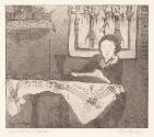 Mary Huntoon, Girl with Sand Painting, ca. 1937, etching, 6 3/4 x 7 3/4 in., Kansas State Unive…