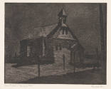 Mary Huntoon, Rural School in Moonlight, ca. 1935, etching, 8 1/2 x 10 3/4 in., Kansas State Un…