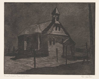 Mary Huntoon, Rural School in Moonlight, ca. 1935, etching, 8 1/2 x 10 3/4 in., Kansas State Un…