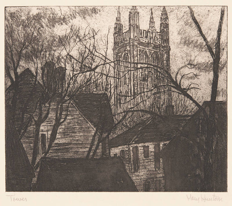 Mary Huntoon, Tower, ca. 1935, etching, 7 x 8 1/4 in., Kansas State University, Marianna Kistle…