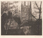 Mary Huntoon, Tower, ca. 1935, etching, 7 x 8 1/4 in., Kansas State University, Marianna Kistle…